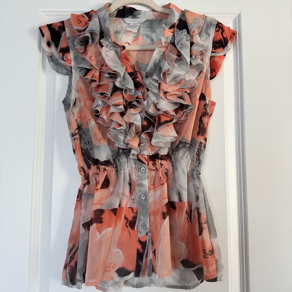 Y2K Charlotte Russe Ruffled Floral Top - Orange and Gray